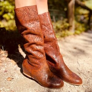 Sundance Catalog Stardust Leather Laser Cut Slouchy Boots Cognac